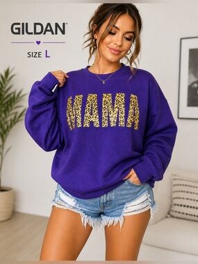Gildan Purple Mama Leopard Graphic Sweatshirt Size L Oversized Cozy